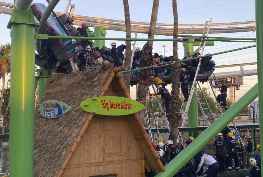 Glendale Fire Department responders rescue 22 people stranded on a roller coaster at Castles N’ Coasters in Phoenix on May 15, 2021. The ride was stuck 20 feet (6 meters) above the ground, but all riders were safely escorted off.