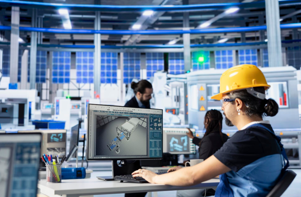 Factory engineer checking a digital maintenance checklist and digital twin model to improve factory operational efficiency