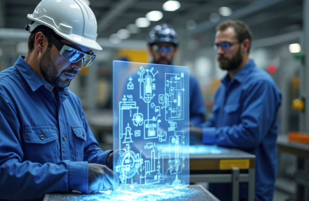 Engineer analyzing digital equipment schematics on a virtual screen to reduce equipment downtime.