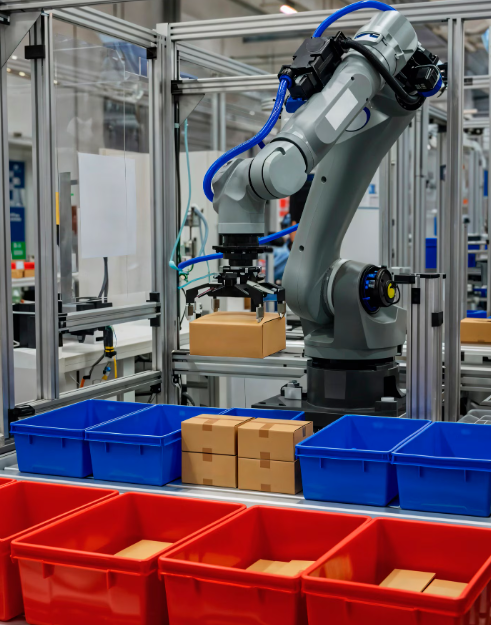 Automated robotic arm organizing spare parts inventory to prevent delays and reduce equipment downtime.