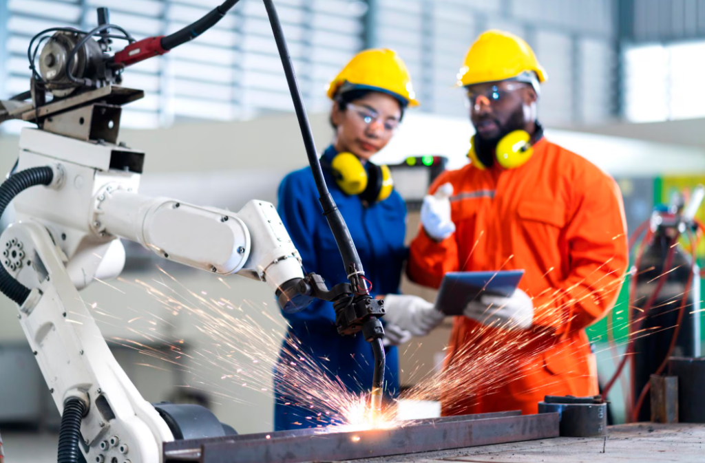 Industrial workers with robotic equipment.
