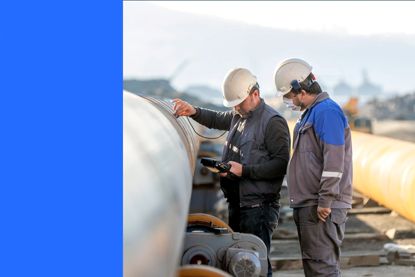 Energy Management in Facility Management: Two facility operation engineers in white safety helmets use professional testing equipment to conduct on-site inspection and energy consumption data collection on industrial pipelines, providing data support for full-chain energy visualization, real-time consumption monitoring and efficient facility asset management