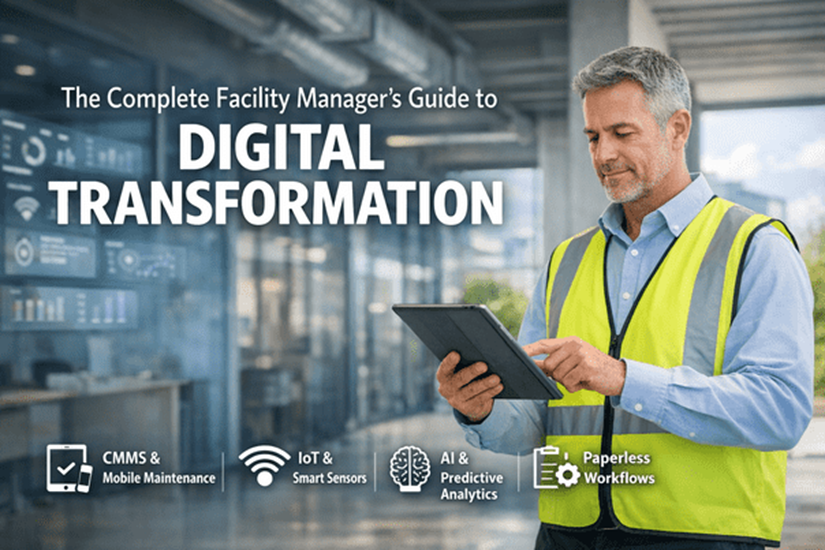 Facility manager reviewing mobile EAM dashboard for digital transformation of maintenance operations