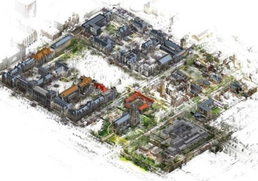 3D aerial digital twin model of a facility management building complex showing asset layers